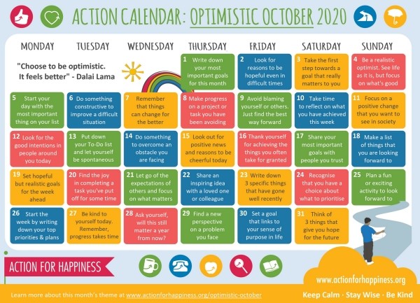 Action for Happiness Calendar: Optimistic October 2020